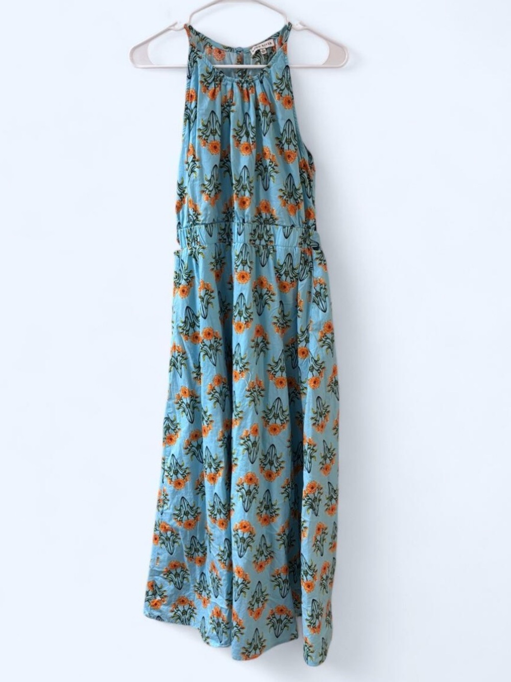 Moon River Sky Blue Floral Halter Maxi Dress with Orange Blooms